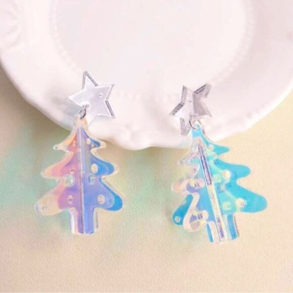 Holographic Holiday Christmas Tree Star Dangle Drop Earrings